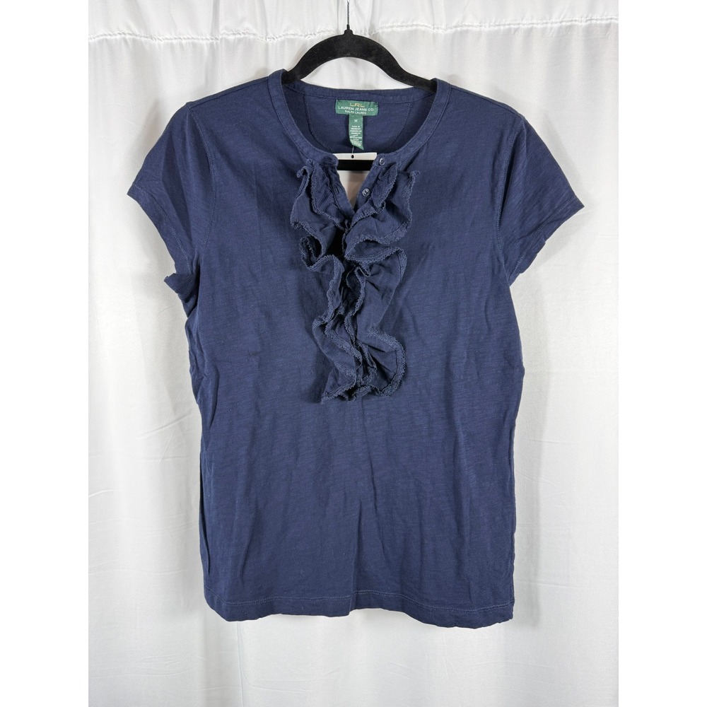 Lauren Ralph Lauren Navy Blue Slub Cotton Ruffle Lace Trim Top NWT Size M